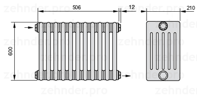 Схема (чертеж) Радиатор Zehnder Charleston 6060/11 №1670 Белый глянцевый RAL 9016